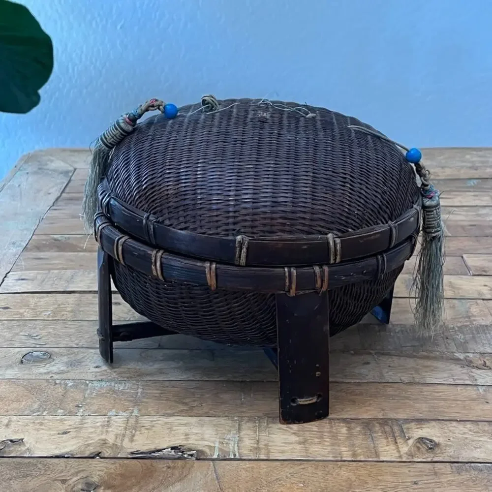 Antique Chinese Wicker Lidded Sewing Basket 7.5